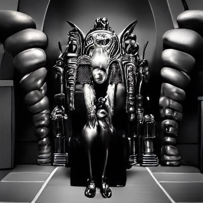 "H R Giger, birth machine baby, a forlorn king with a new crown sat on the aliens chair