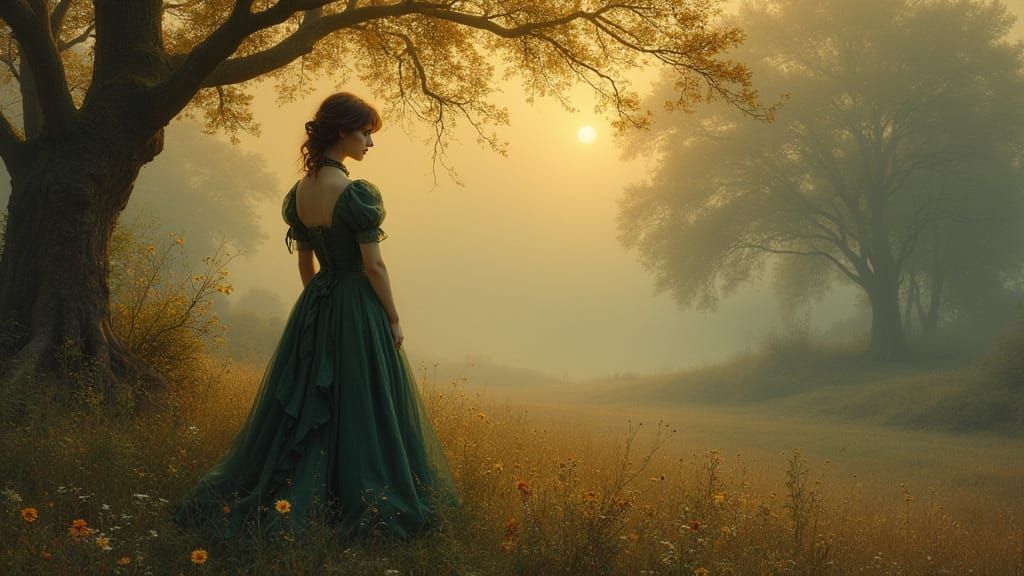 Victorian Woman in Dreamlike Pre-Raphaelite Landscape