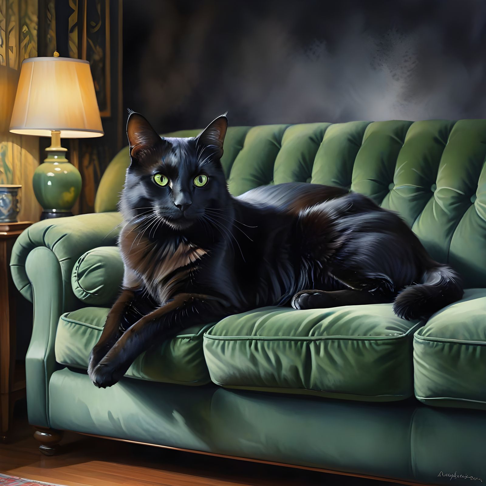 Watercolor Cat at Rest on Velvet Couch