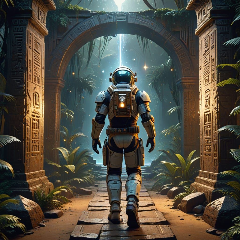 Astronaut Steps Through Portal into Ancient Ruins