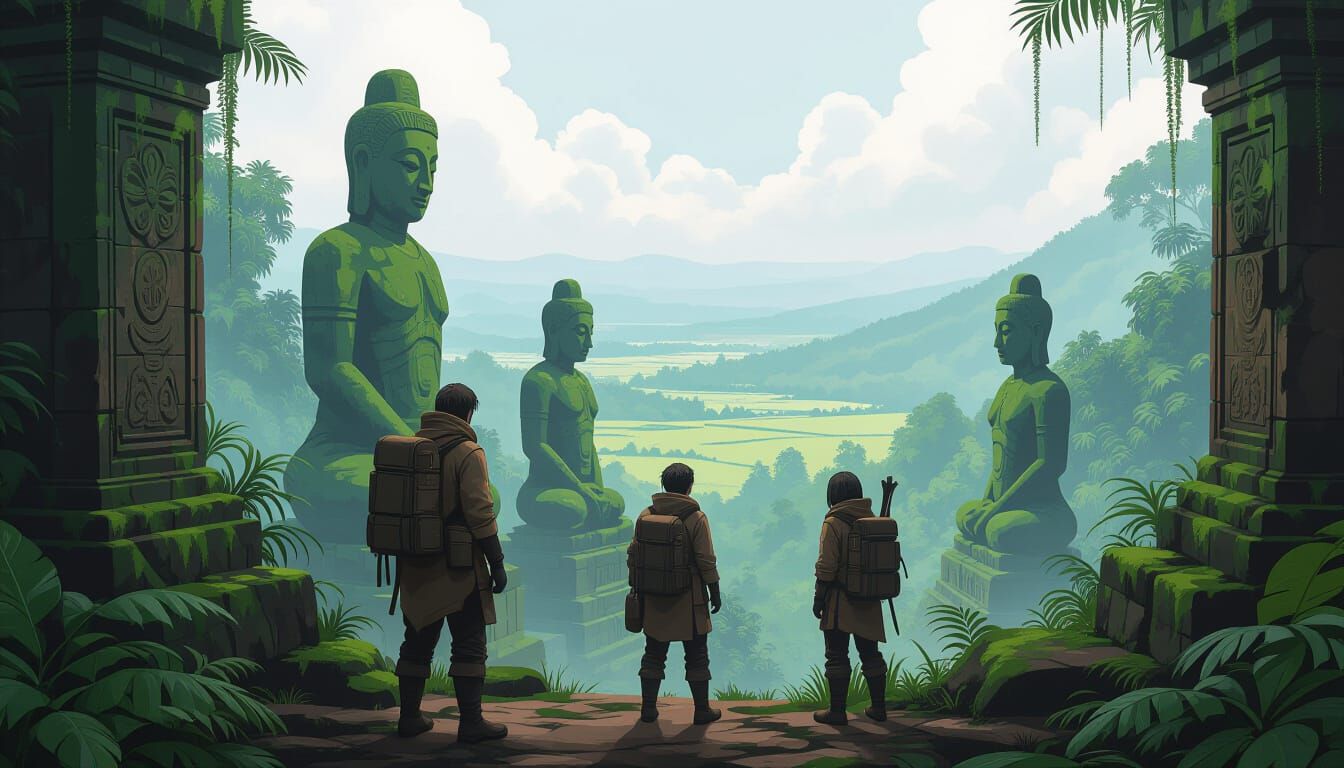 Explorers at Ancient Statues in Misty Jungle