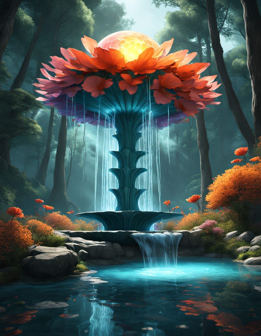 Rainbow Flower Fountain in Magical Forest, Concept Art