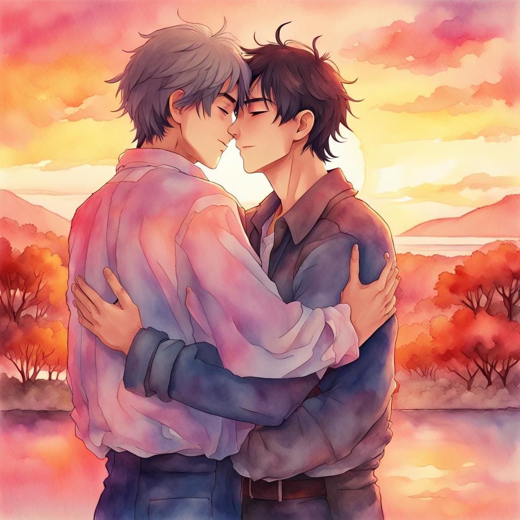 Anime Art: Men Embracing in Watercolor Style