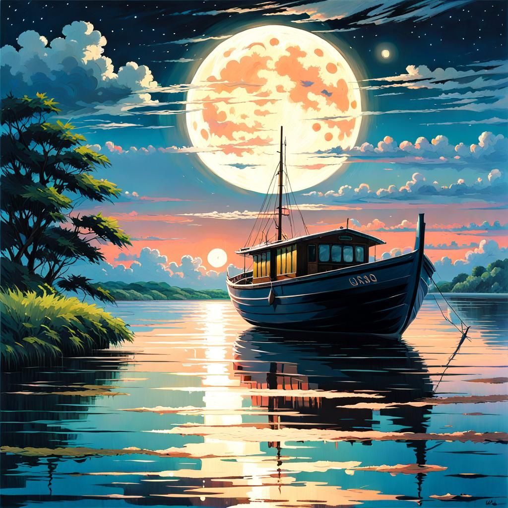 Moonlit Boat on Water as Oil Painting