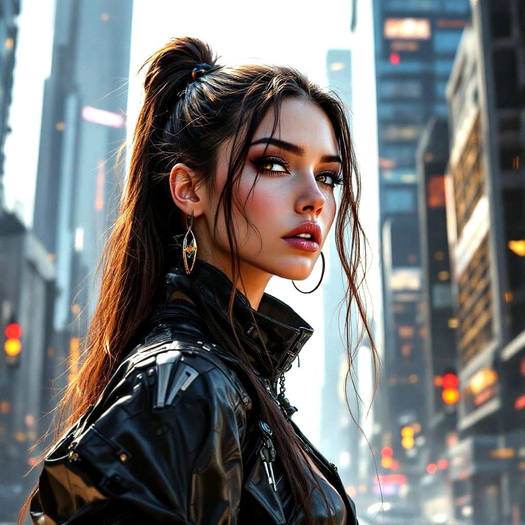 Cyberpunk Woman in Cityscape, Hyperdetailed Digital Art