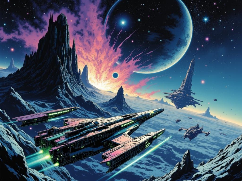 Surreal Cosmic Landscape with Explosive Planet and Futuristi...