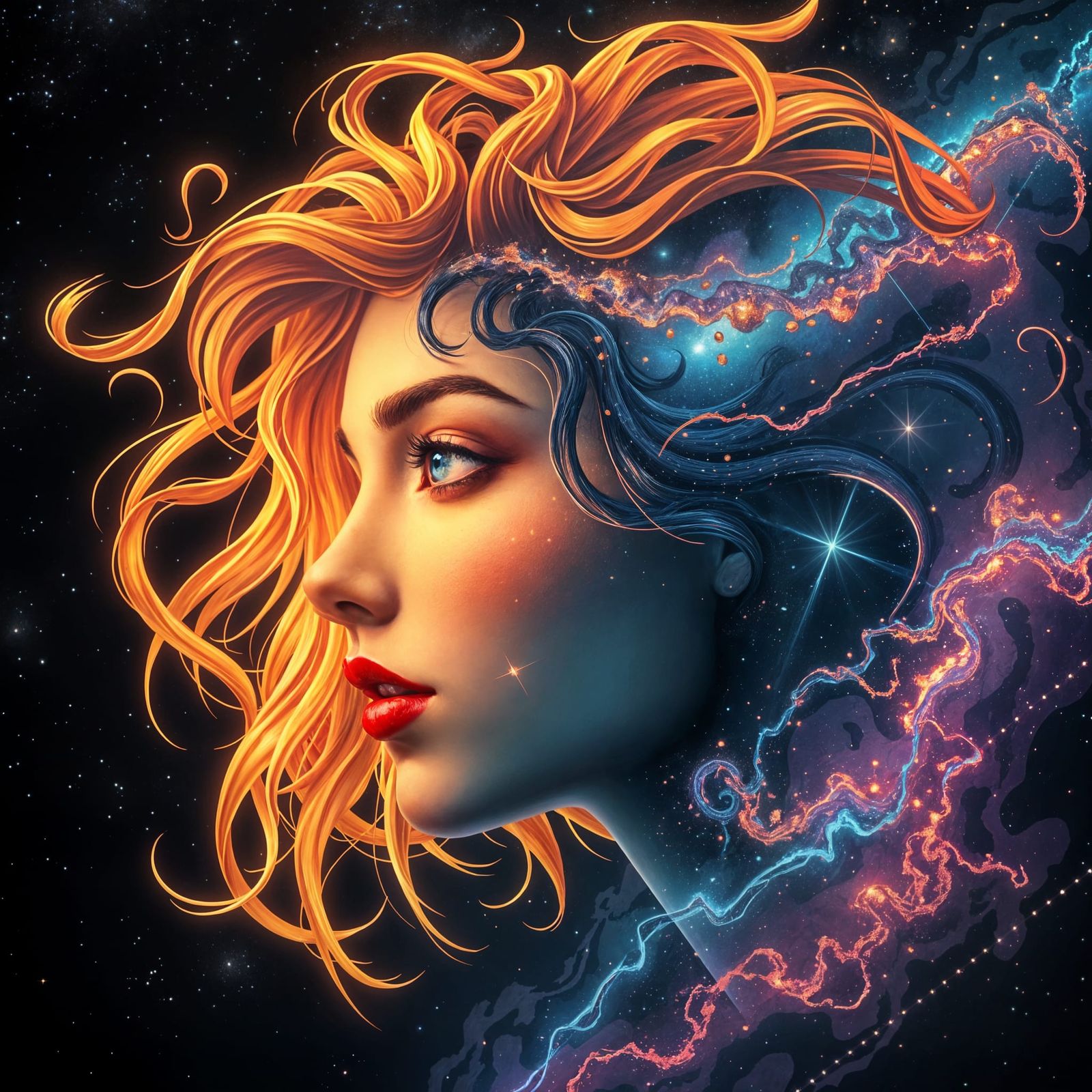 Ethereal Woman with Starry Hair and Cosmic Smile