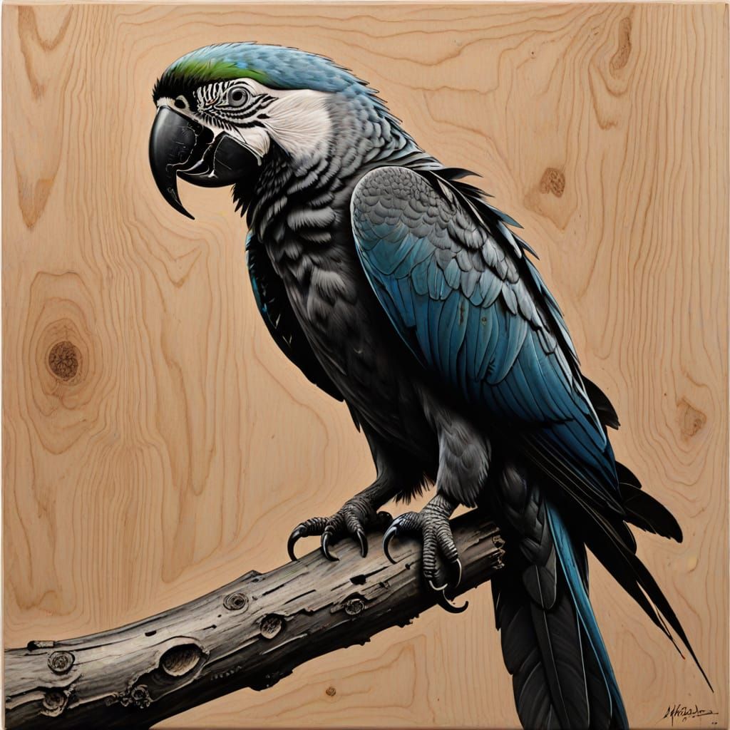 Macaw in Charcoal Drawing Perched on Wood