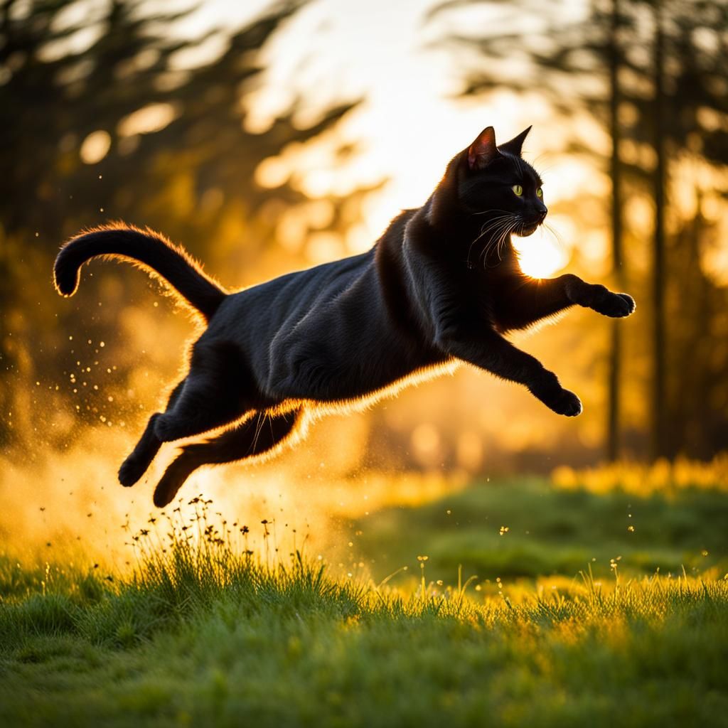 Black Cat Leaping in Golden Hour Light