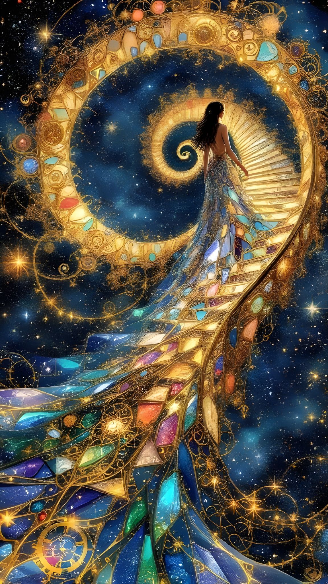 Ethereal Goddess Ascends Golden Spiral Staircase into Cosmic...