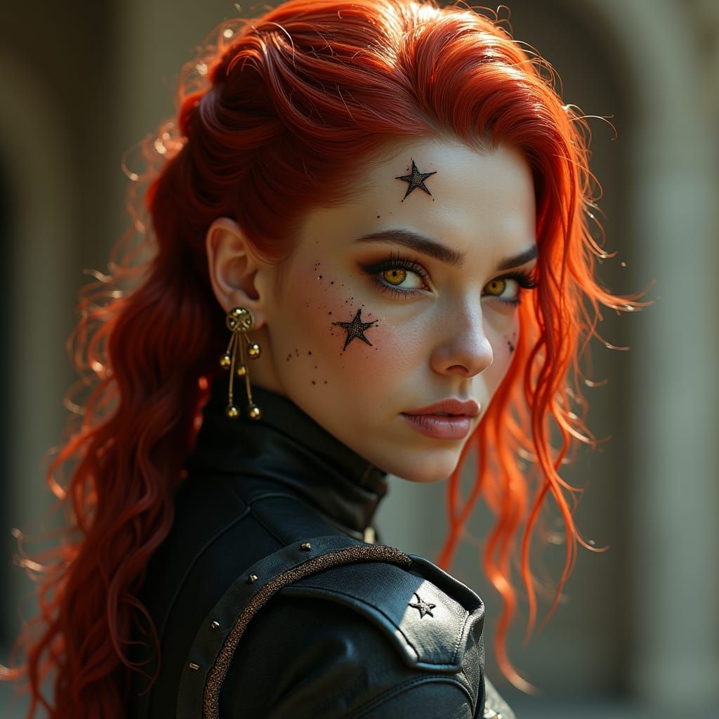 Red-Haired Woman with Star Scars: Hyperrealistic Portrait
