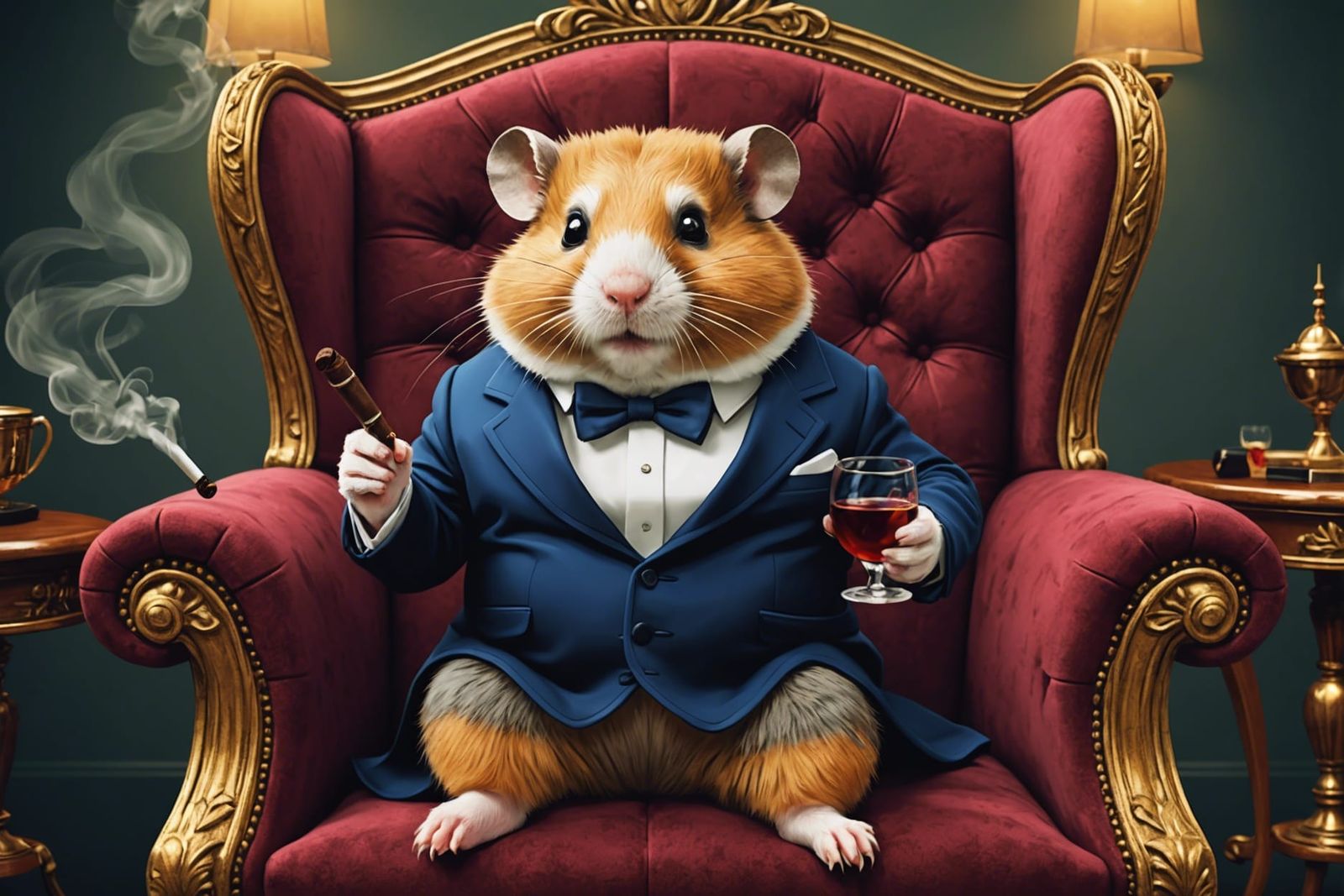Hamster Smokes Cigar in Armchair