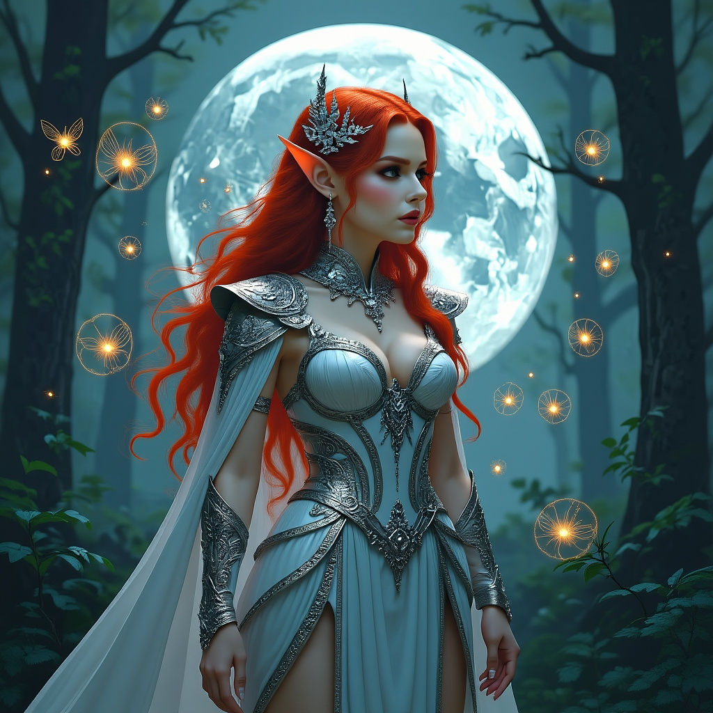Ethereal Red-Haired Elf Queen in Synthography Style