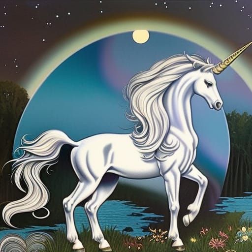 Elegant White Unicorn in Moonlit Forest, Art Nouveau