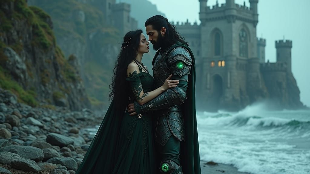 Gothic King Stands Beside Enchanting Woman on Rocky Shorelin...