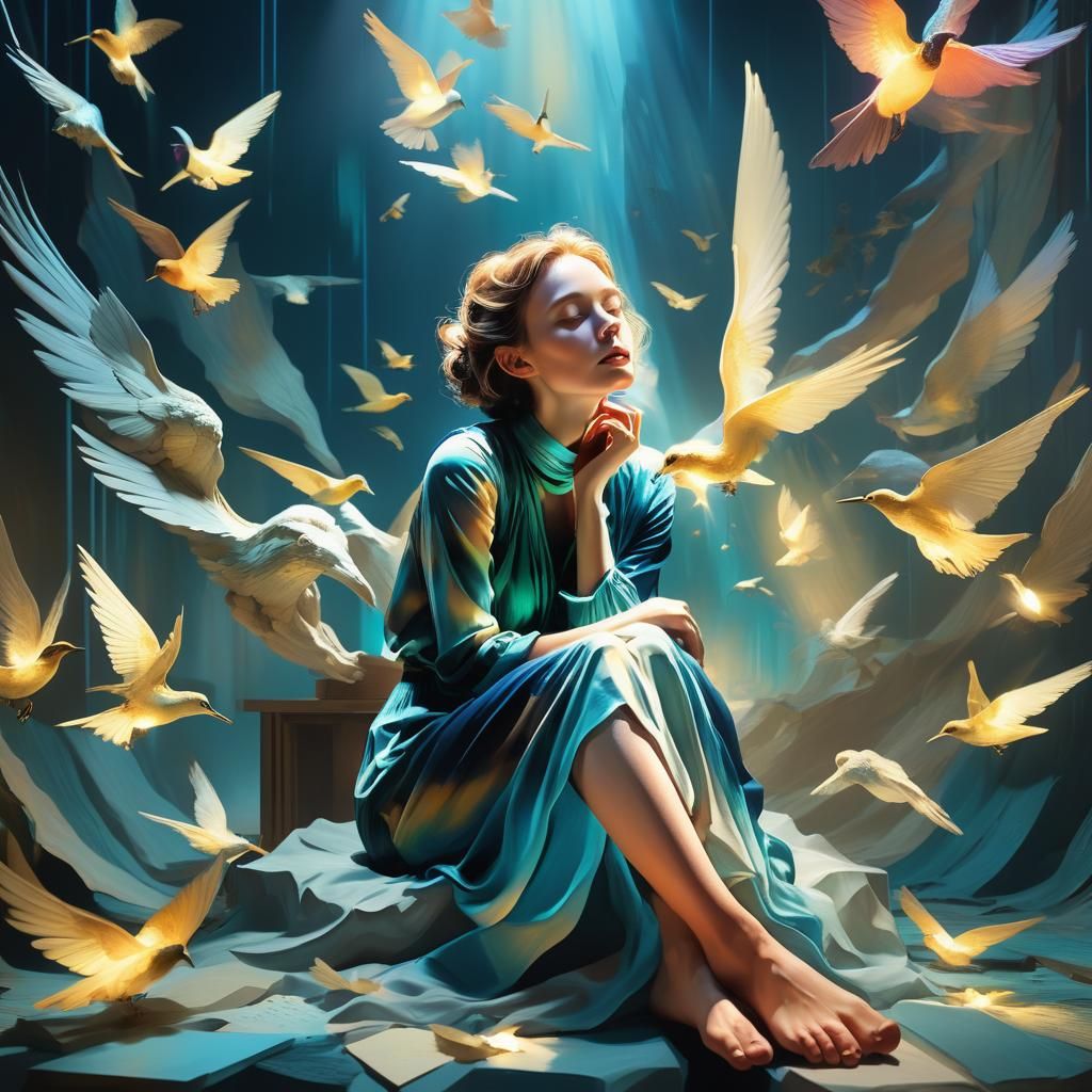 Ethereal Woman Surrounded by Whispers in Surreal 3D