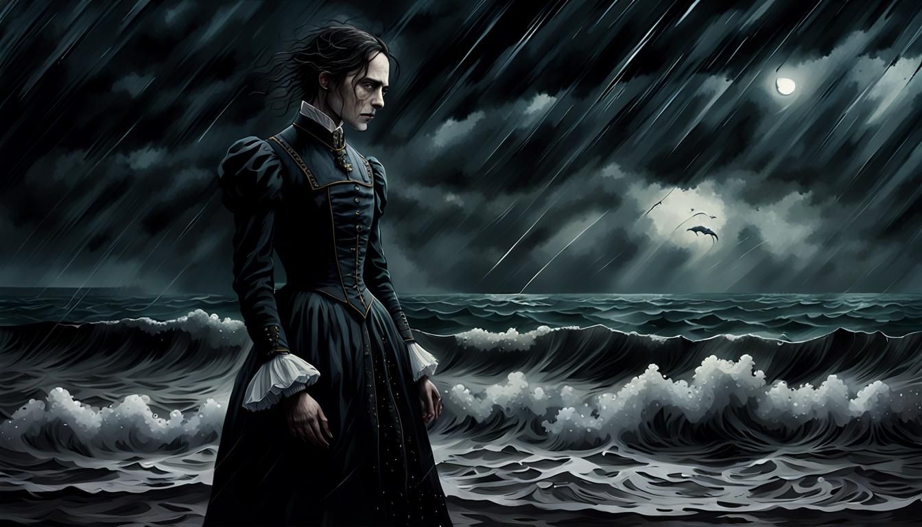 Gothic Victorian Figure at Stormy Seaside