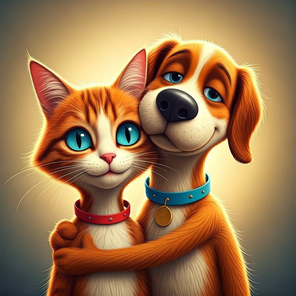 Charming Cat and Dog Couple in Whimsical 3D Computer-Generat...