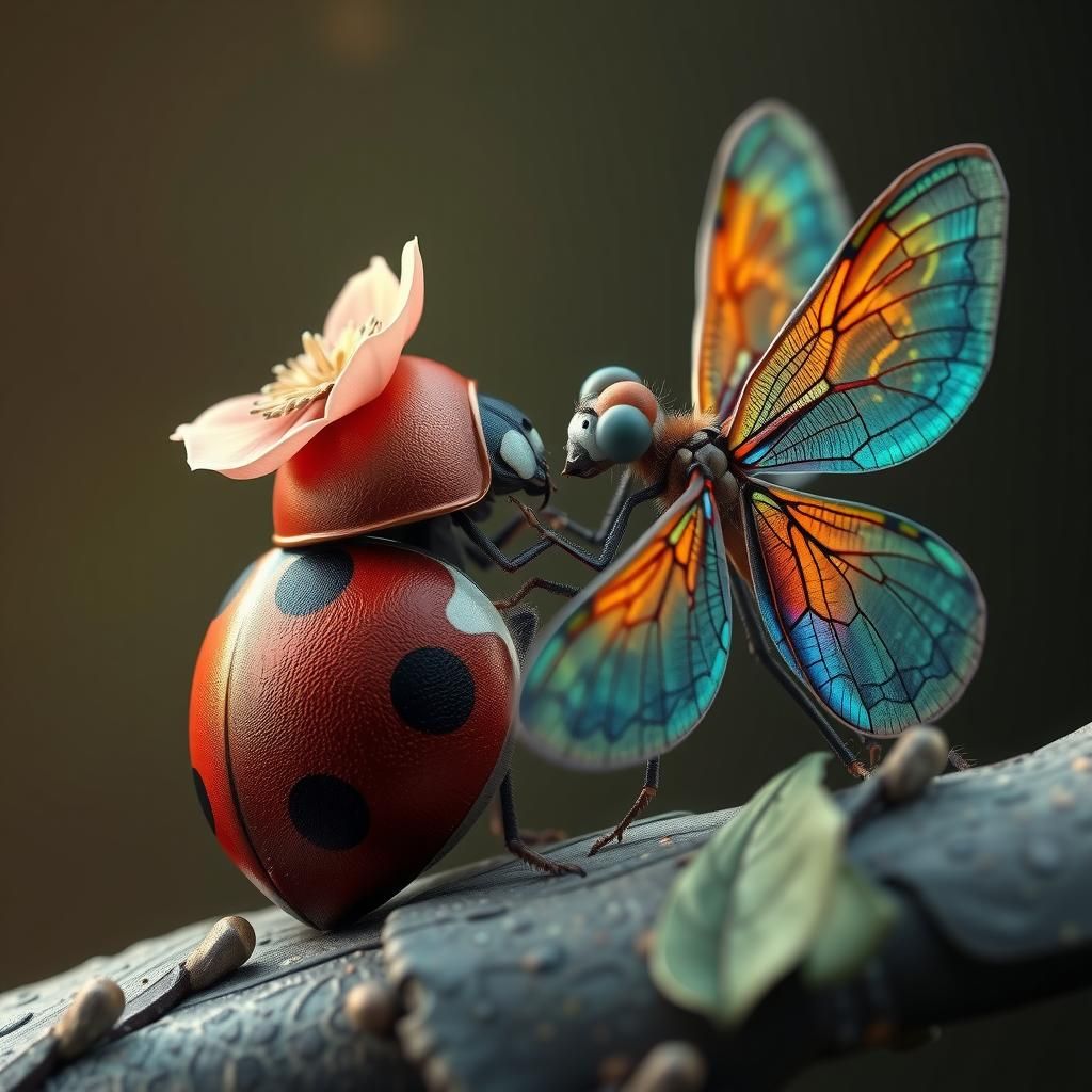 Ladybug and Dragonfly Portrait in Art Nouveau Style