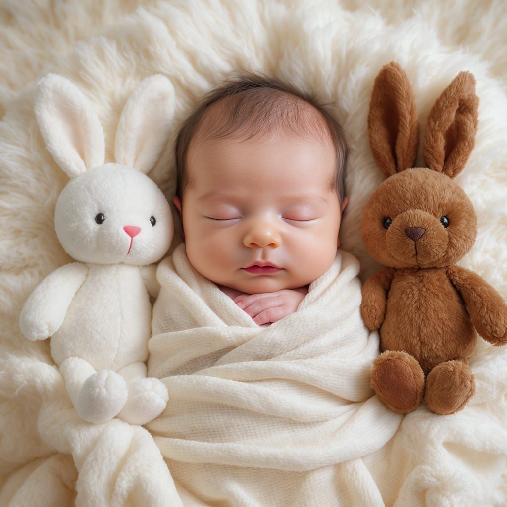 Newborn Baby with Plush Rabbits, Professional Photo
