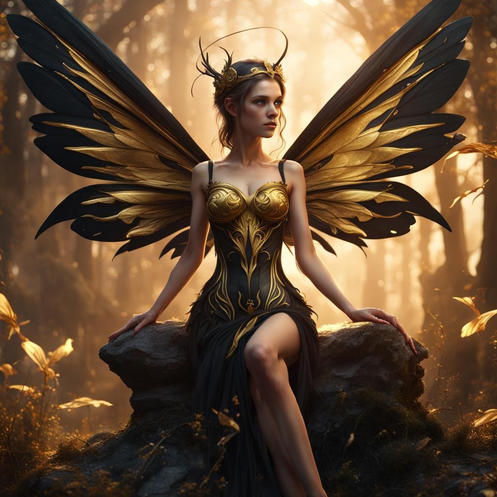 Detailed Fairy with Gold and Black Wings