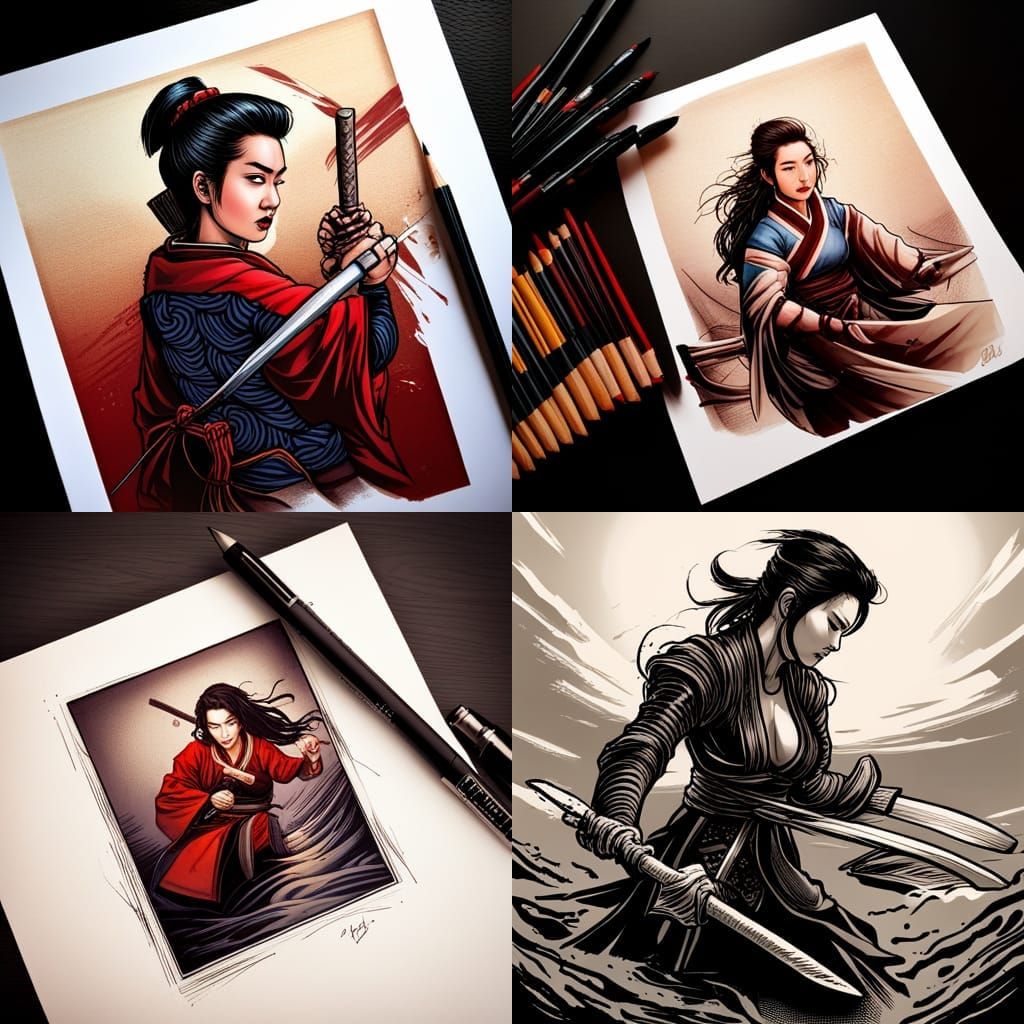Asian Samurai Woman in Hokusai Comic Style