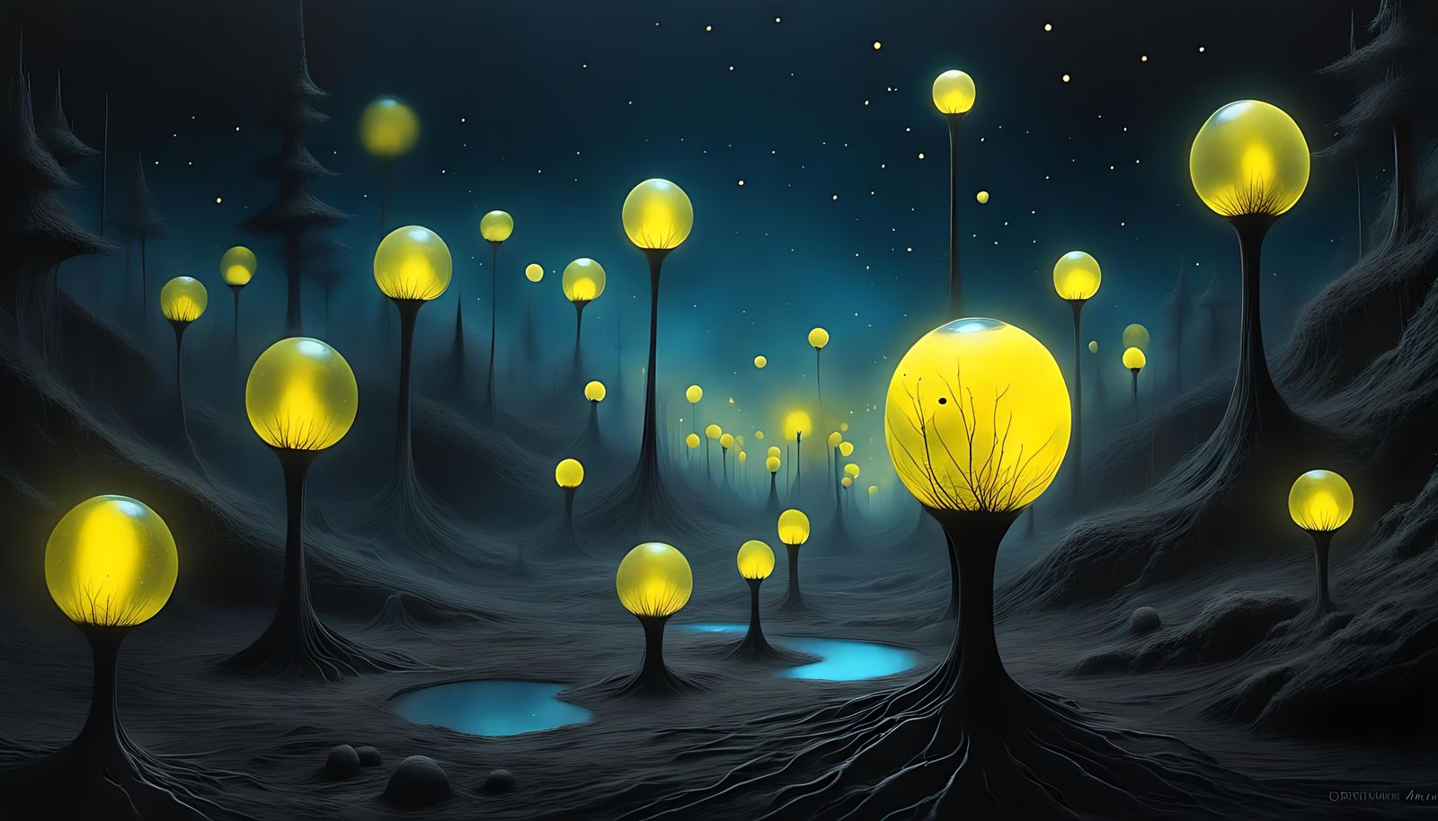 Abstract Firefly Emergence: Surreal Charcoal Rendering