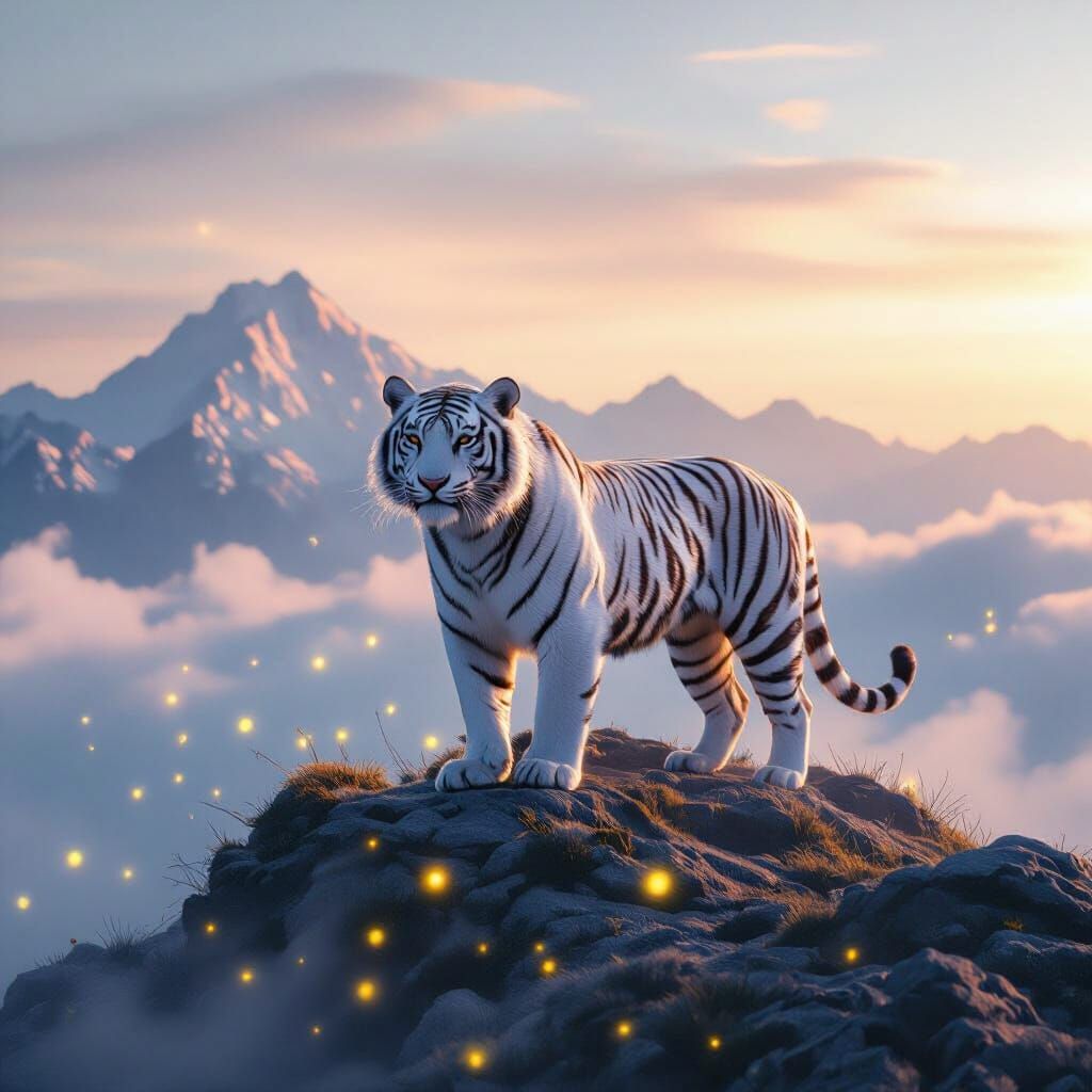 Majestic White Tiger in Misty Sunrise Mountain Landscape