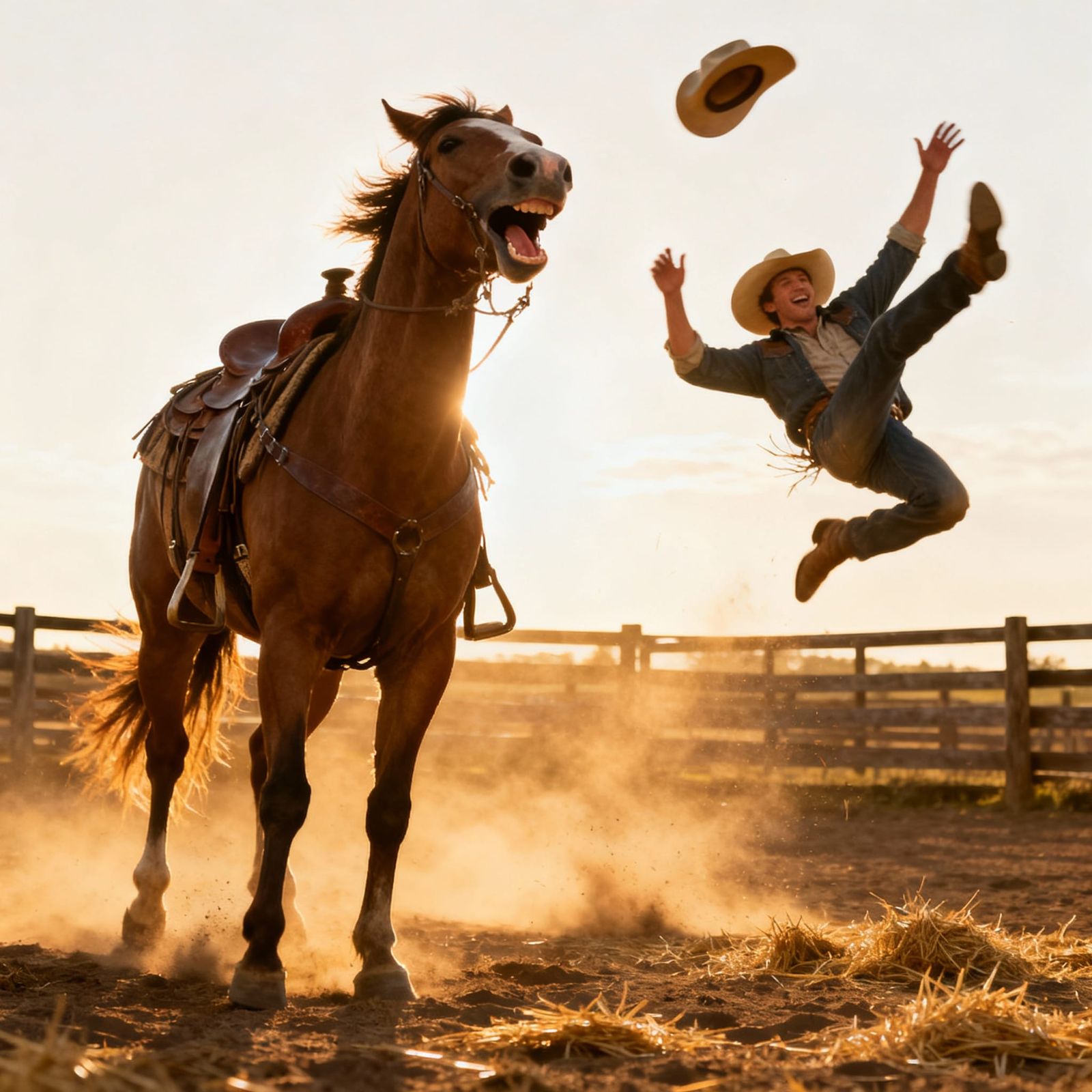 Cowboy Bucked Off Horse, Humorous Rodeo Scene