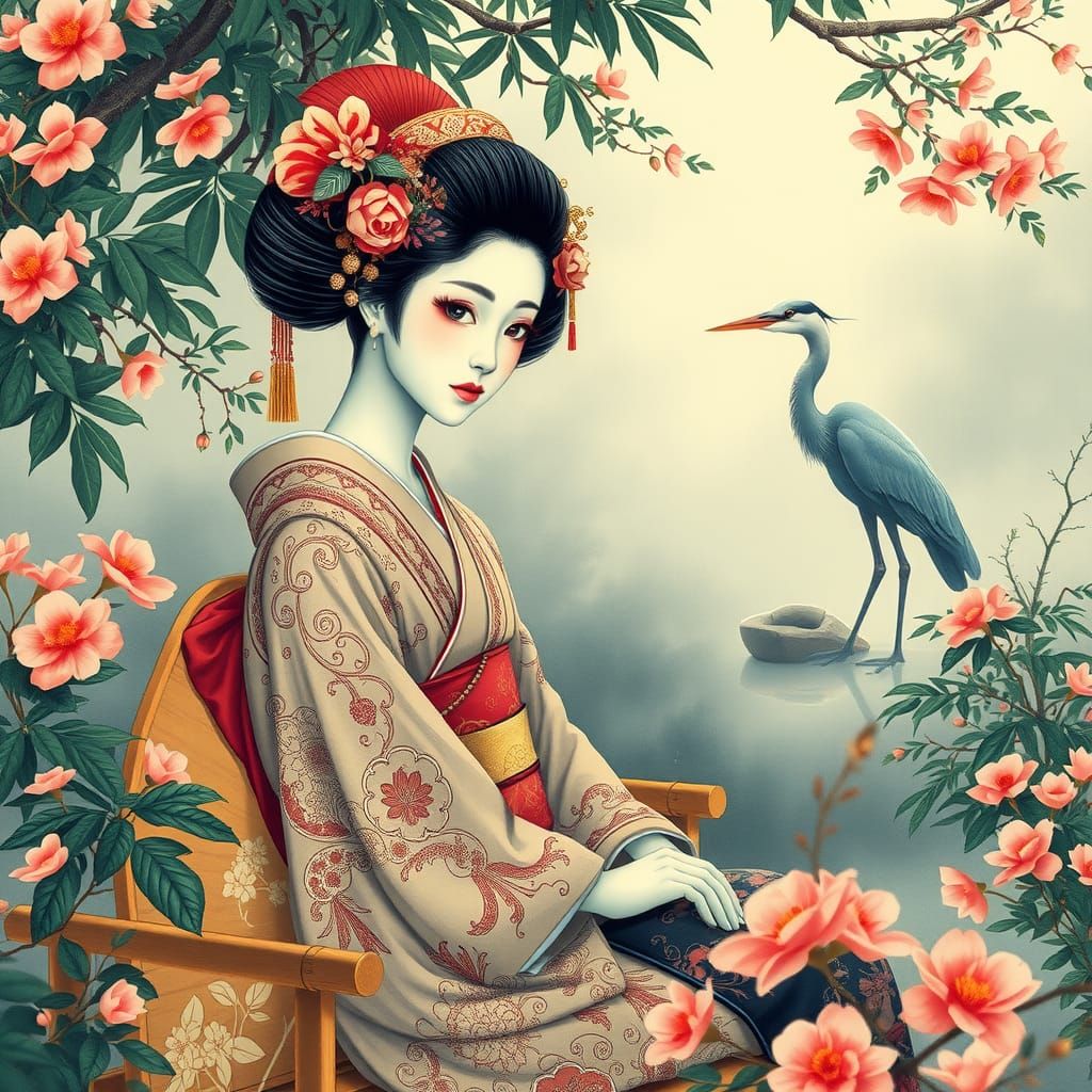 Geisha in Japanese Garden: Ukiyo-e Style