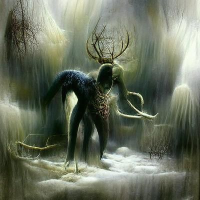 Terrifying Wendigo Figure in Engraving Style