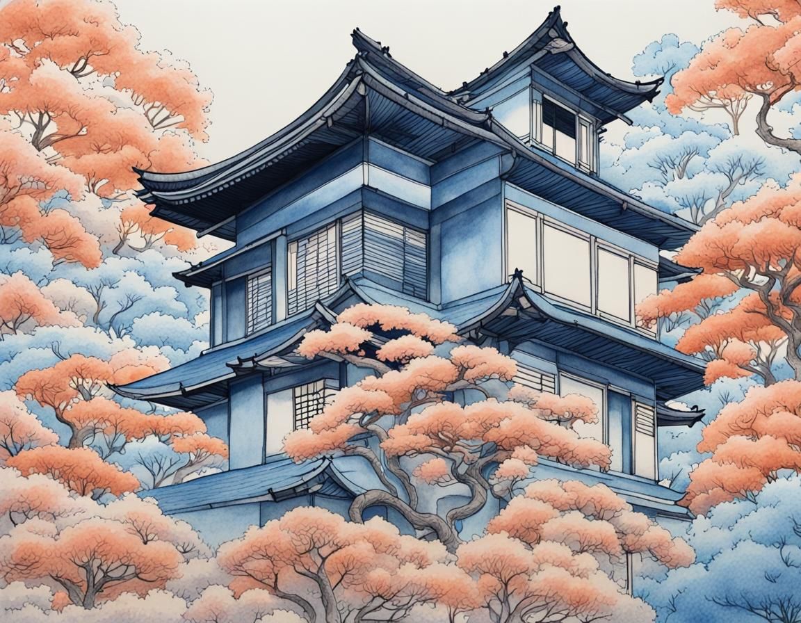 Japanese House in Ukiyo-e Style Ink and Watercolor