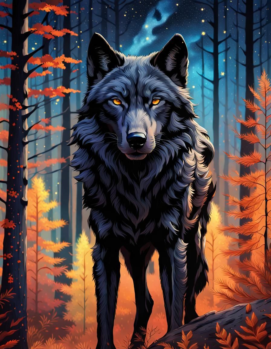 Black Wolf Portrait in Starry Autumn Forest