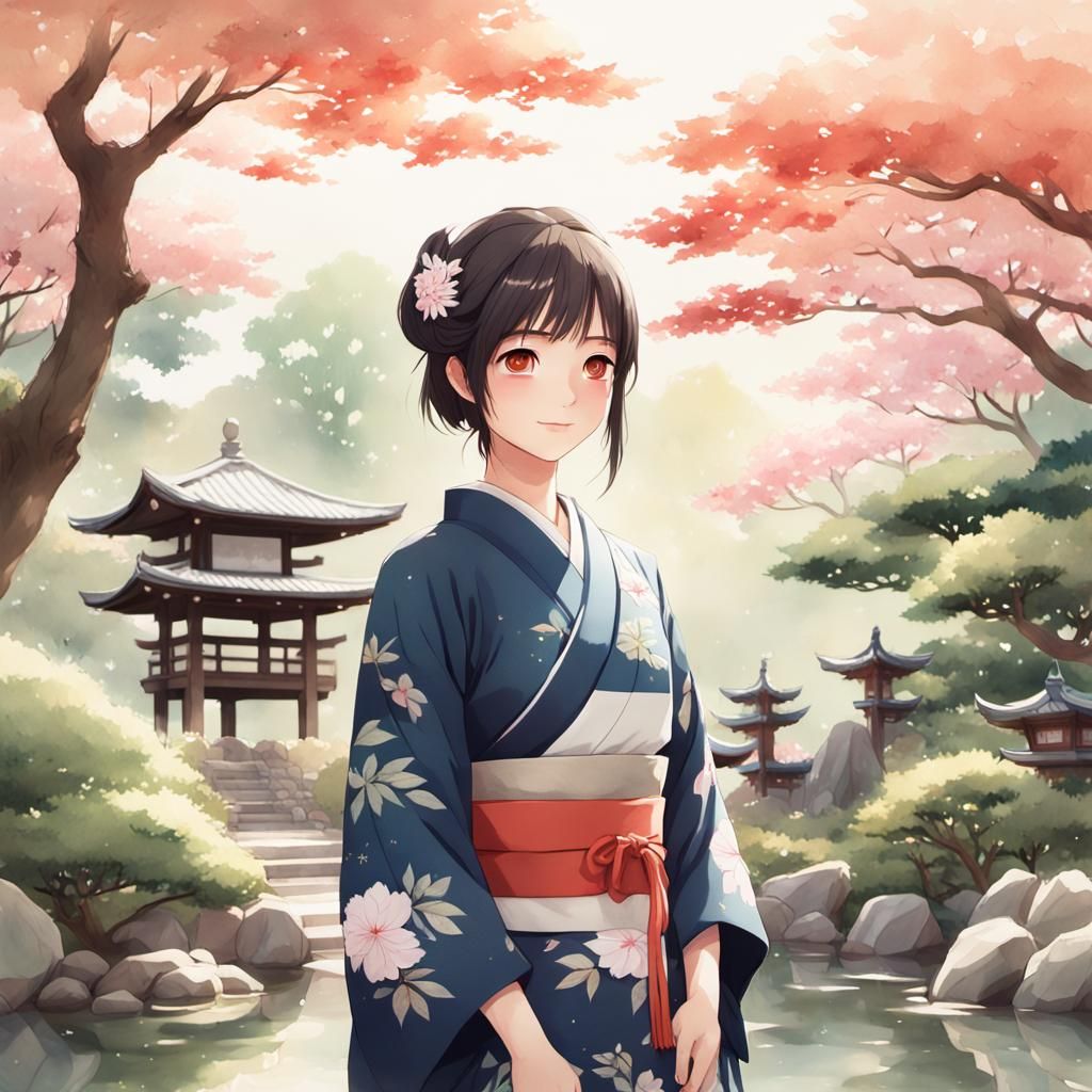 Anime Portrait in Japanese Garden, 3D Render