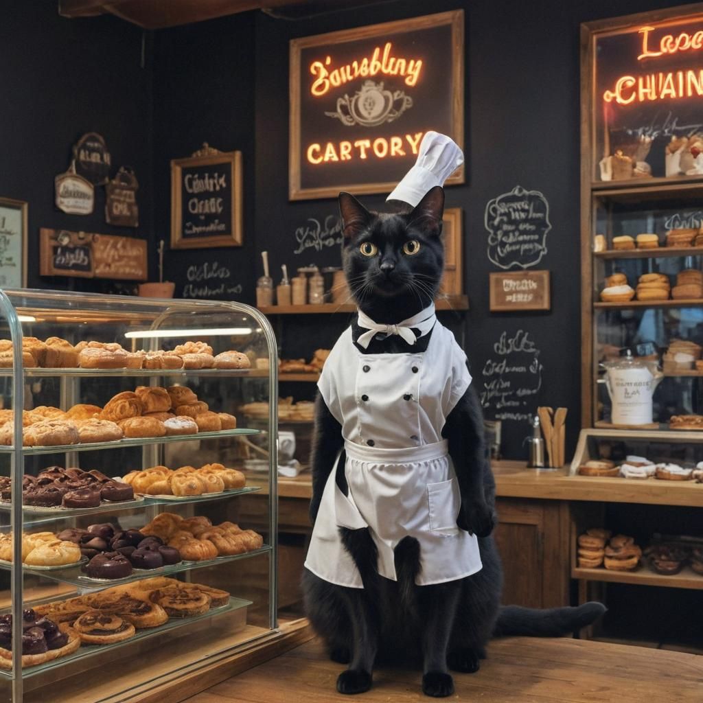 Whimsical Bakery Scene with Cat Pastry Chef