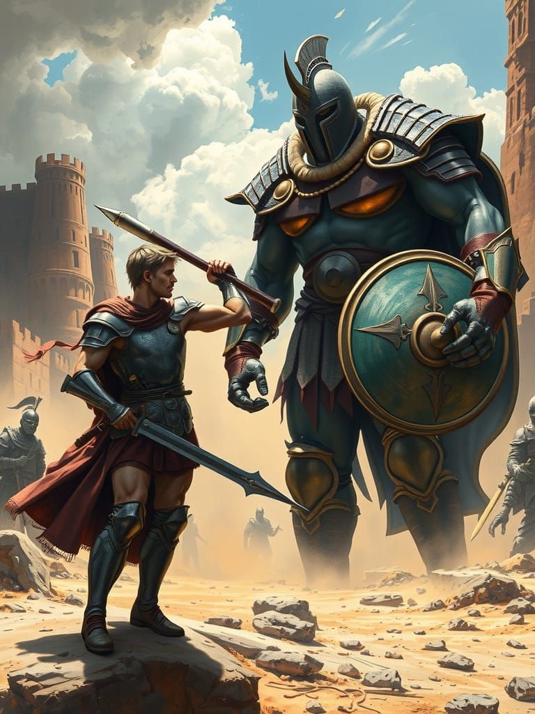 David and Goliath Face Off in Fantasy Art Style