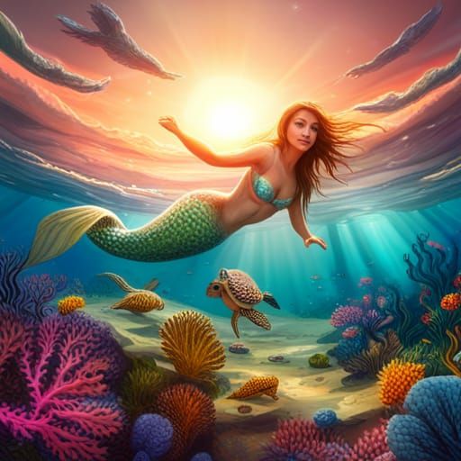 Mermaid and Turtle Play in Underwater Scene