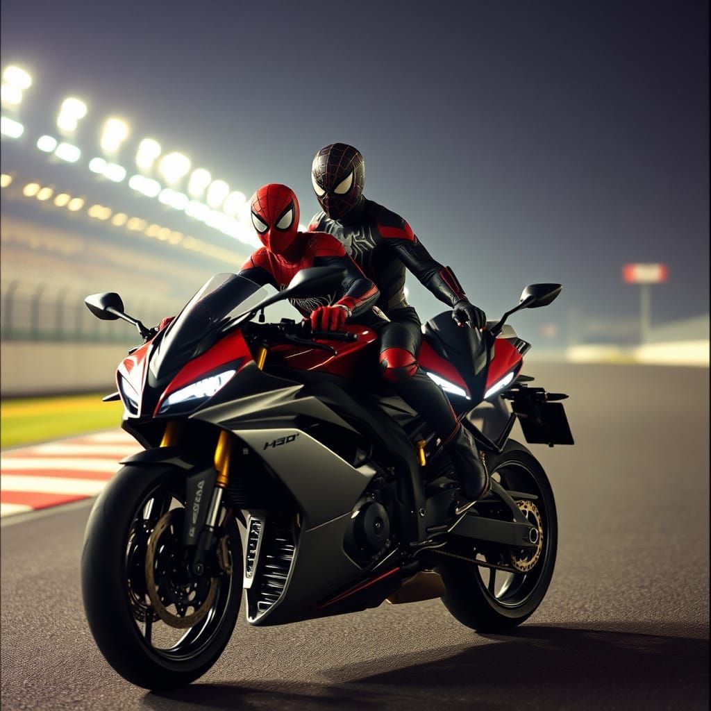 Spiderman and Spiderwoman Ride Motorbike on Racetrack
