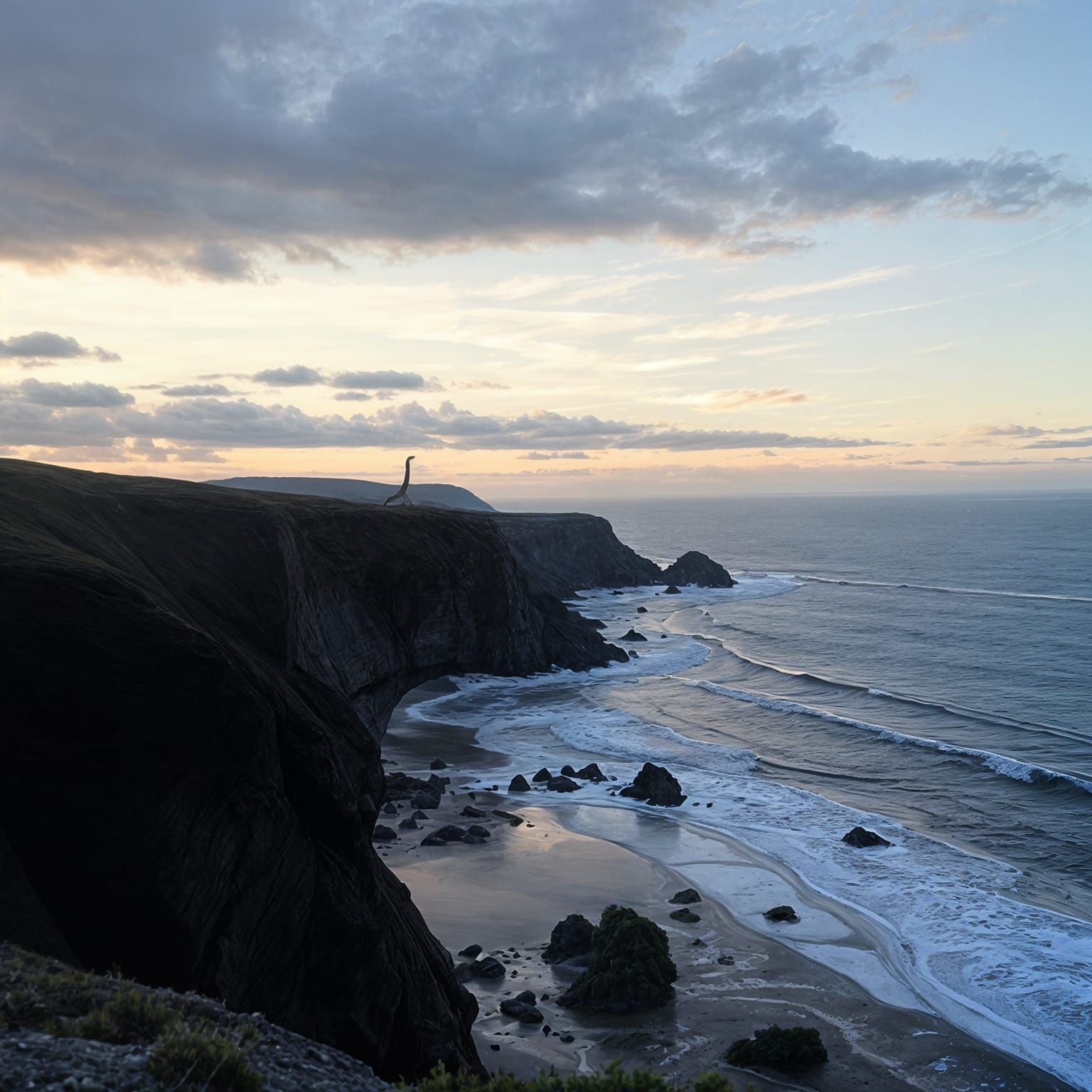 A Futuristic Dinosaur Stands on a Coastal Cliff