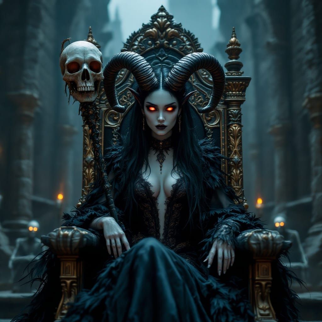 Gothic Queen of Darkness with Bio-Luminescent Eyes and Ram H...