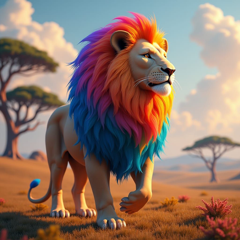 Rainbow Maned Lion in Dreamlike Savannah