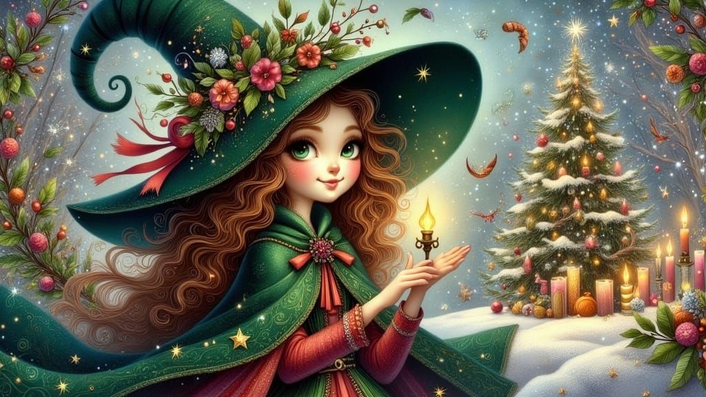 Whimsical Winter Witch in Emerald Green Velvet Cloak
