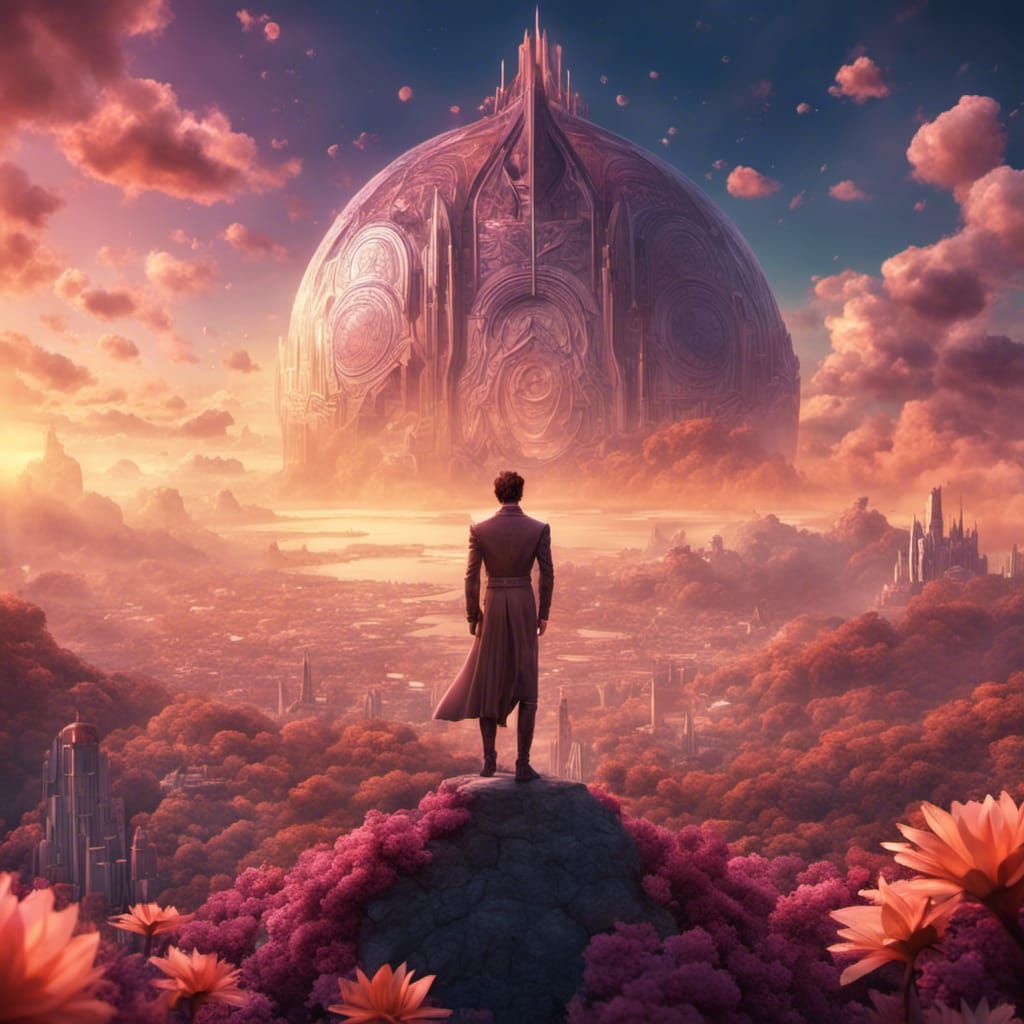 Futuristic Prince Overlooking Art Deco Kingdom at Sunrise