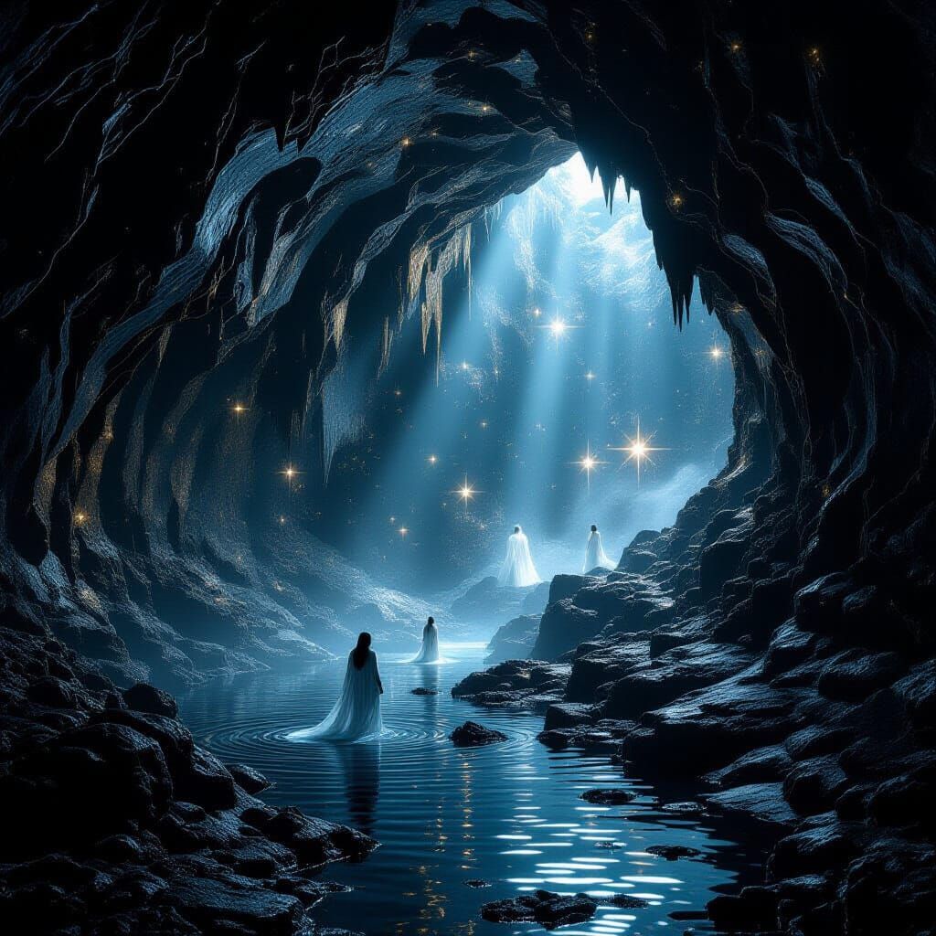 Mystic Obsidian Cave with Cosmic Stars and Serene Beings