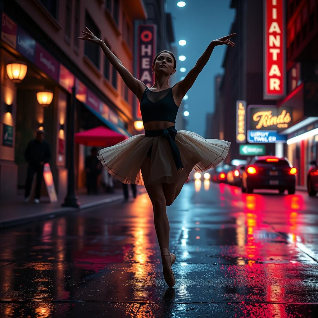 A determined ballerina, dancing through a rainy city street.