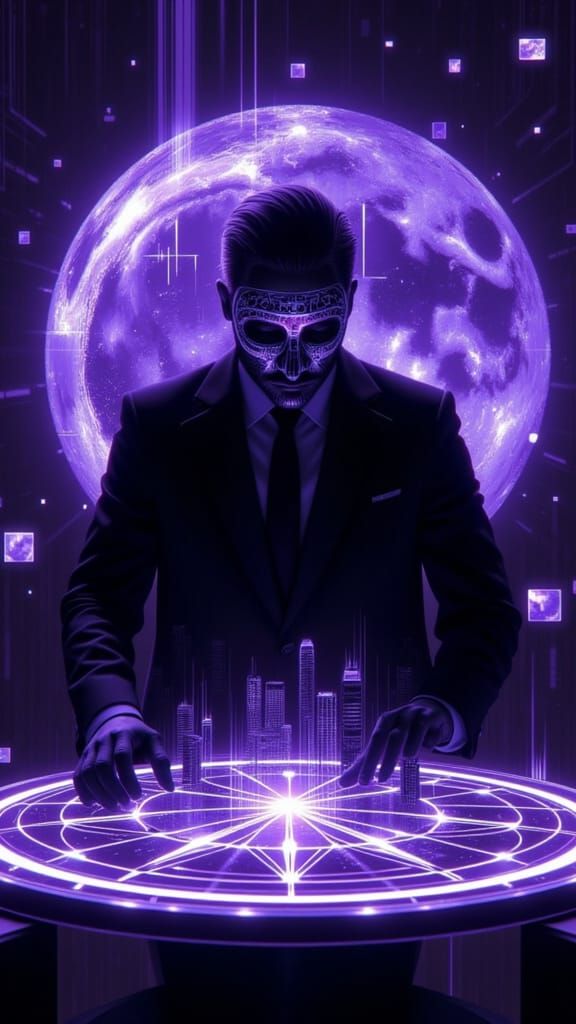 <lora:Holographix:1.0> <lora:GlitchFoilFlux:1.0> In a shadowy lair, the mastermind looms over a circular table, bathed i...