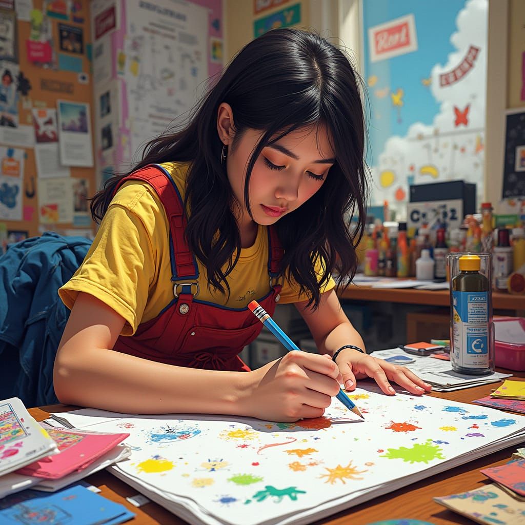 Passionate Artist in Cartoon-Style Studio