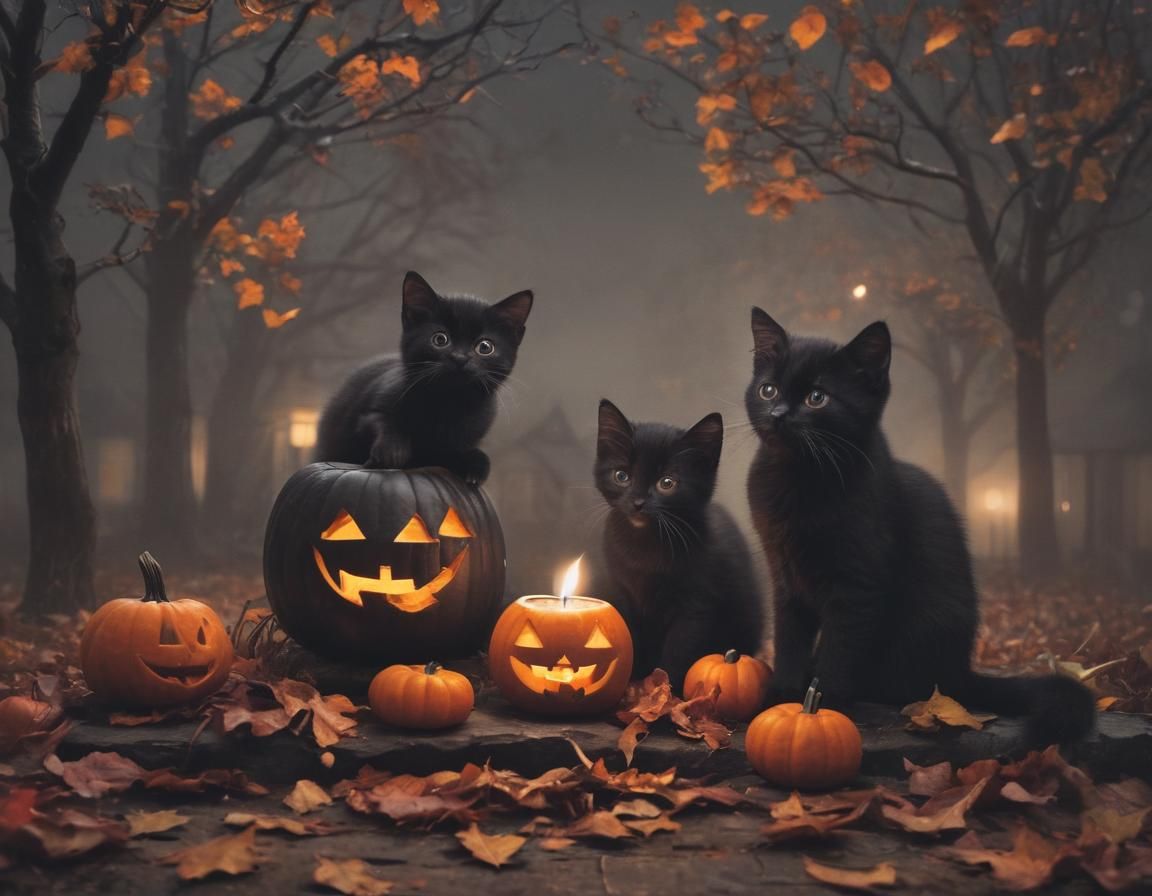 Kittens Carving Jack-o'-Lantern on Halloween Night
