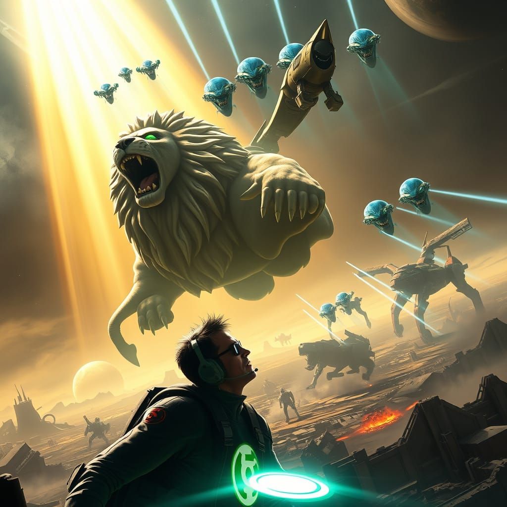 Green Lantern Lion Roars at Pilot Amid Alien Invasion