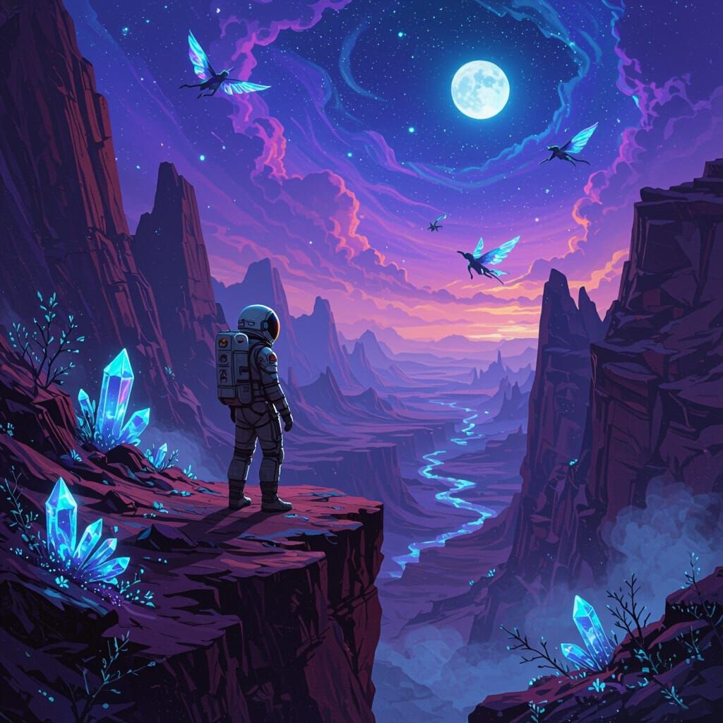 Astronaut on Alien Canyon in Sci-Fi Style